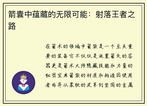 箭囊中蕴藏的无限可能：射落王者之路